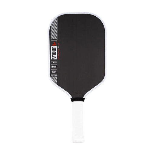 Black pickleball paddle with white handle on a white background