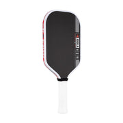 Black pickleball paddle with white handle on a white background