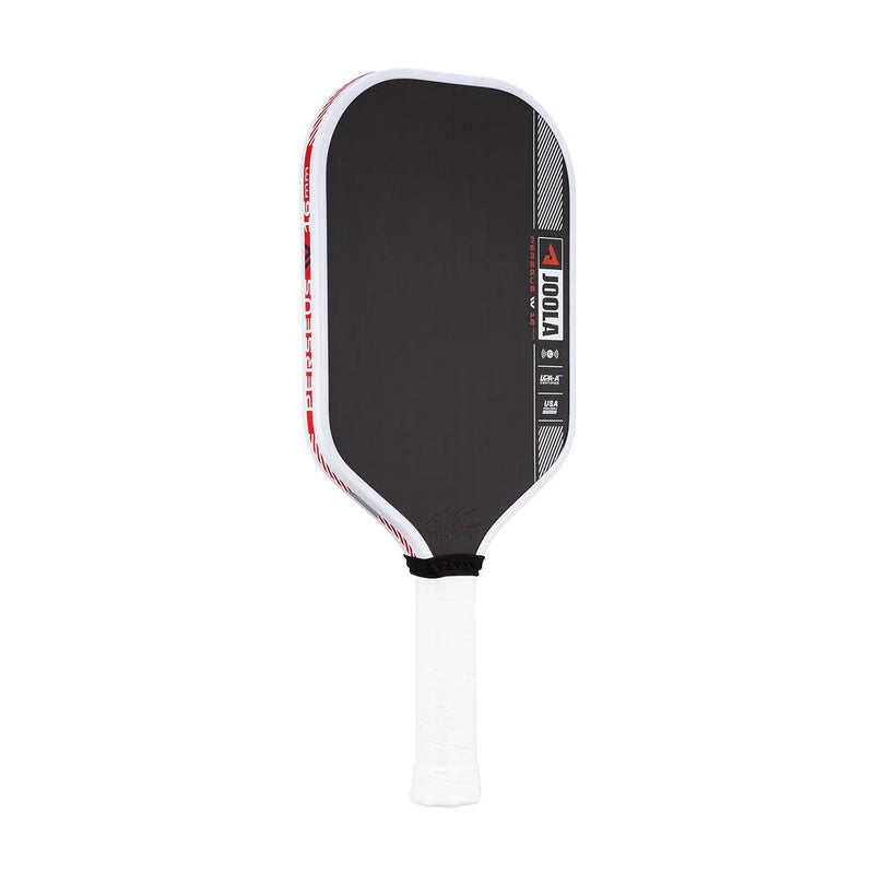 Black pickleball paddle with white handle on a white background