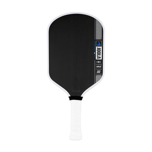 Black pickleball paddle with white handle on a white background