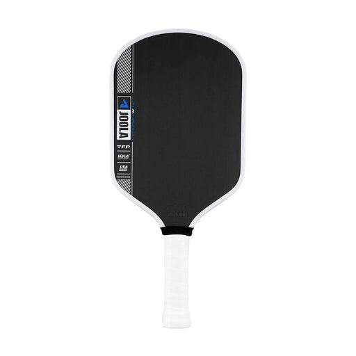 Black pickleball paddle with white handle on a white background