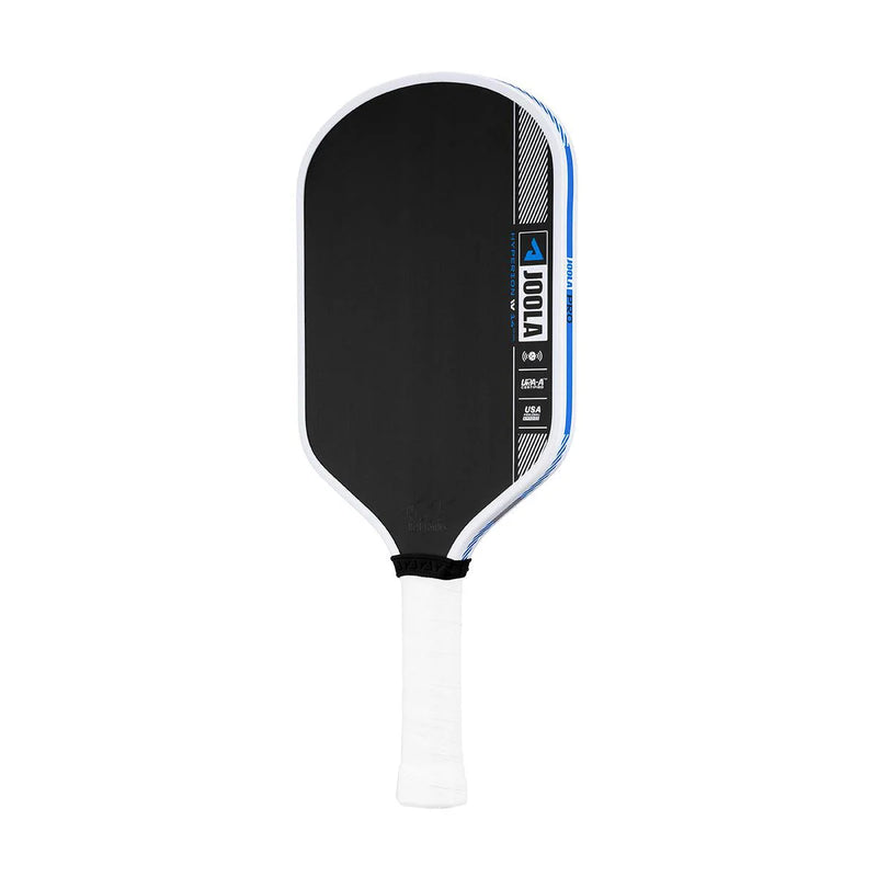 Black pickleball paddle with white handle on a white background