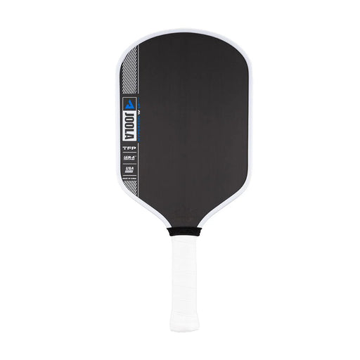 Black pickleball paddle with white handle on a white background