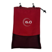 Red drawstring bag with a logo on a white background