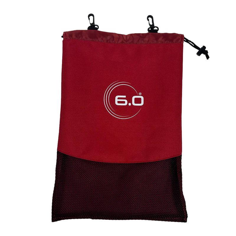 Red drawstring bag with a logo on a white background