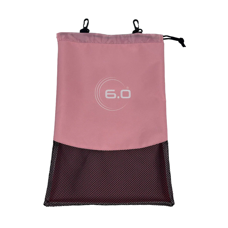 Pink drawstring bag with a black mesh bottom on a white background