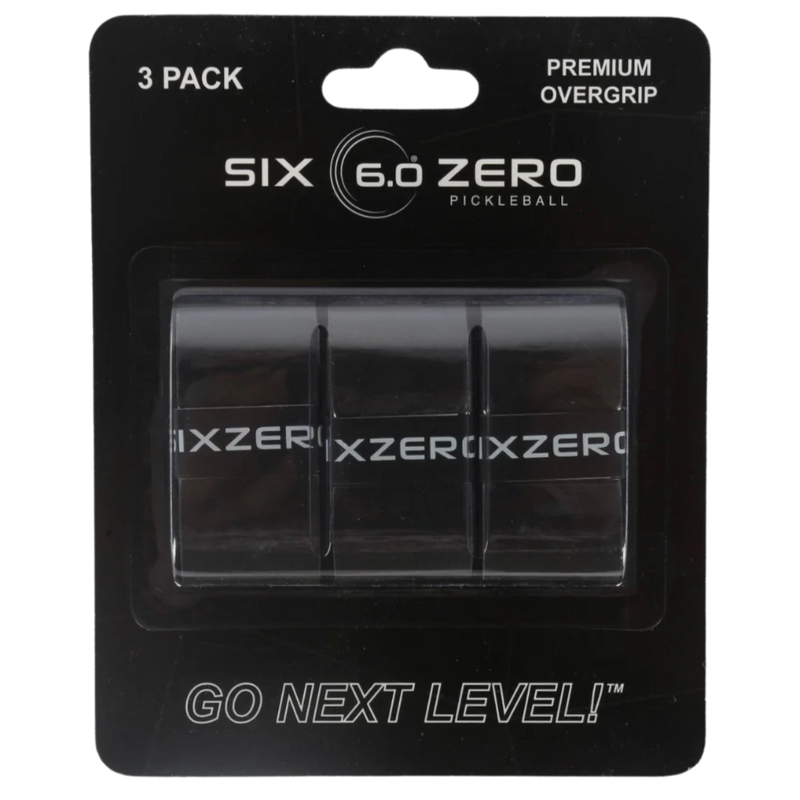 Pack of Six 6.0 Zero pickleball overgrips with clear window on black packaging.