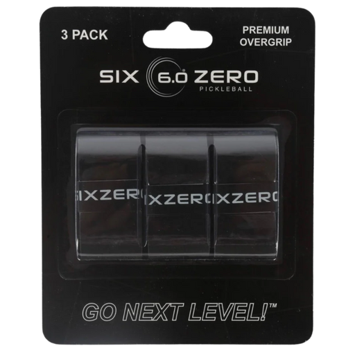 Pack of Six 6.0 Zero pickleball overgrips with clear window on black packaging.