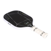 Pickleball paddle with black face and white handle on a white background