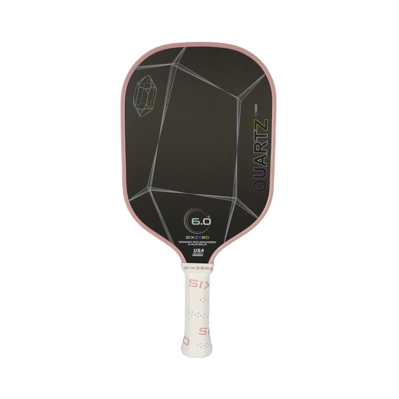 Pickleball paddle with black face and pink handle on a white background