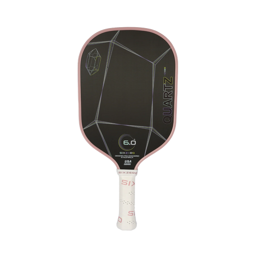 Pickleball paddle with black face and pink handle on a white background
