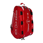 Red pickleball bag with branding on a white background