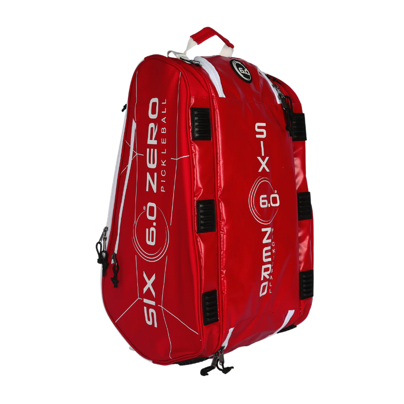Red pickleball bag with branding on a white background