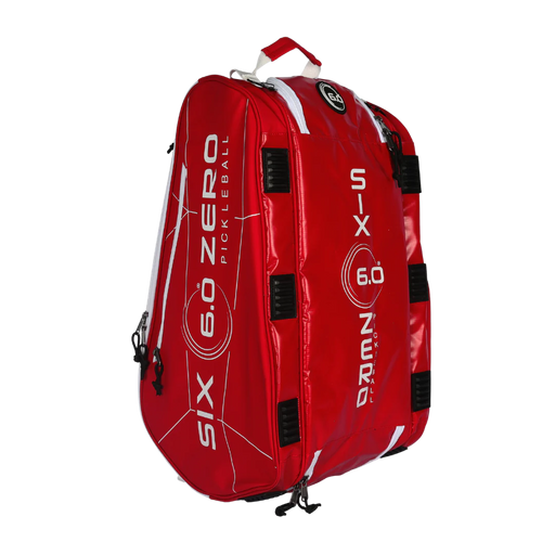 Red pickleball bag with branding on a white background