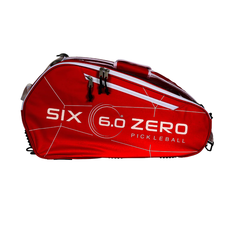 Red pickleball bag with 'Six 6.0 Zero' branding on a white background