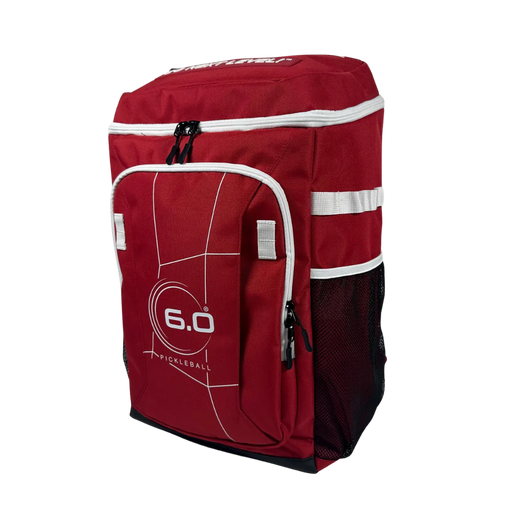 Red pickleball bag with white accents on a white background