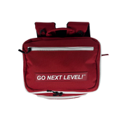 Red backpack with 'GO NEXT LEVEL!' text on a white background