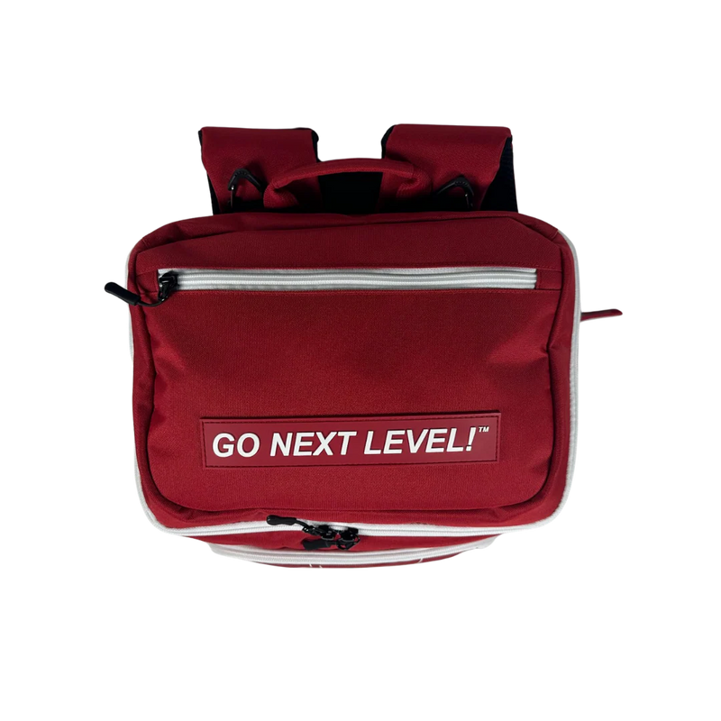 Red backpack with 'GO NEXT LEVEL!' text on a white background