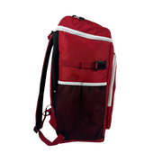 Red and black backpack with white accents on a white background