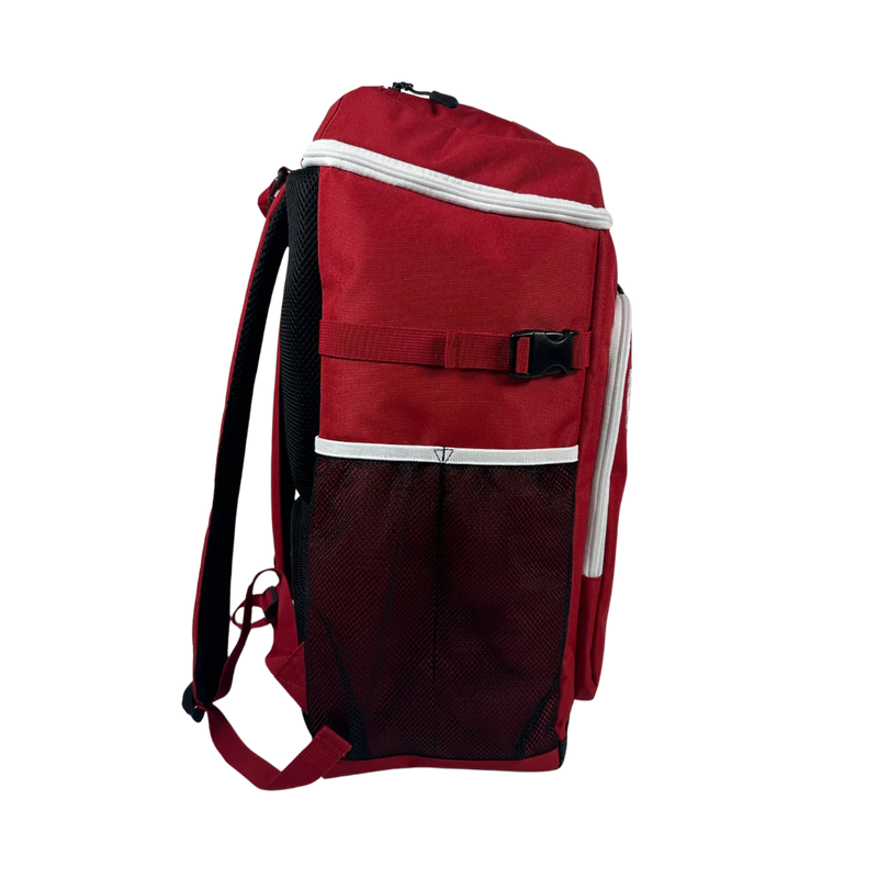 Red and black backpack with white accents on a white background