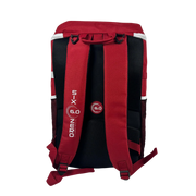 Red and black backpack with visible branding on a white background