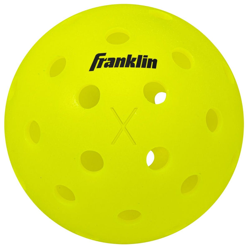 Yellow pickleball with Franklin logo on a white background
