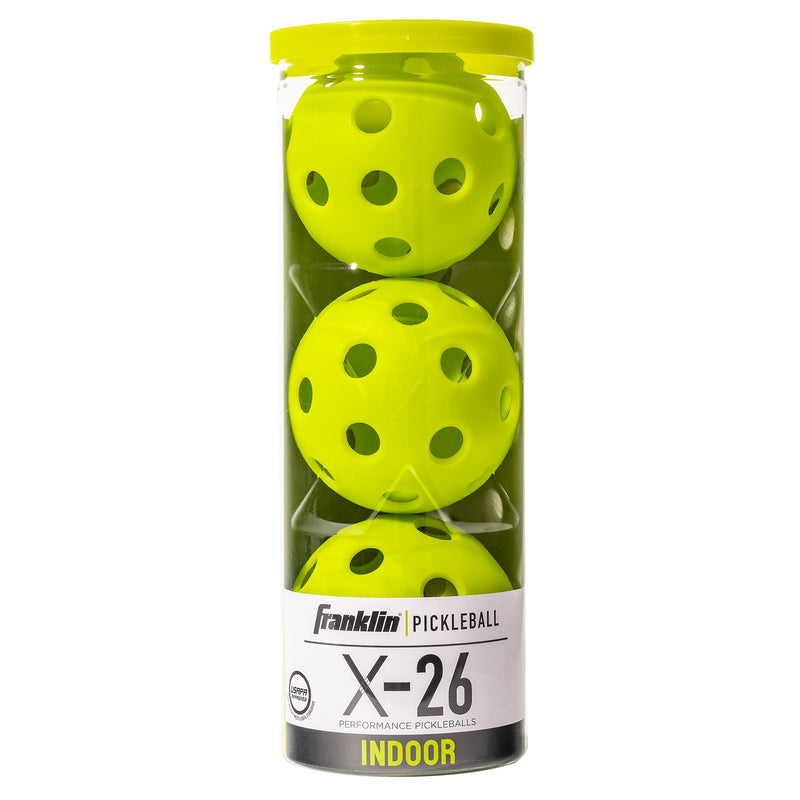 Three yellow pickleballs in a Franklin Sports tube on a white background