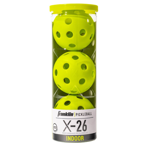 Three yellow pickleballs in a Franklin Sports tube on a white background