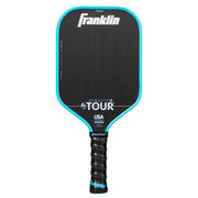 Black pickleball paddle with blue rim and Franklin branding on a white background