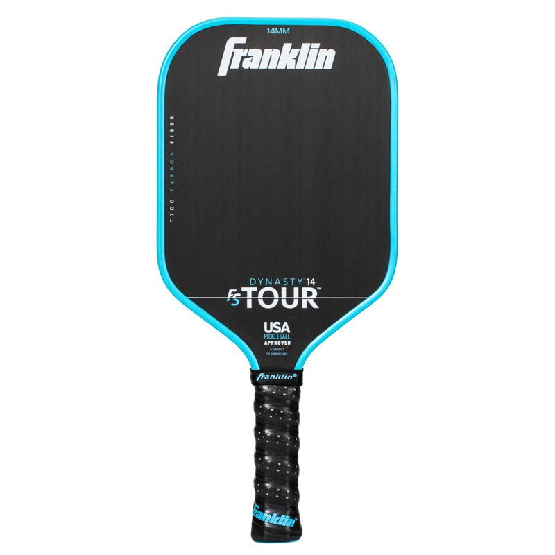 Black pickleball paddle with blue rim and Franklin branding on a white background