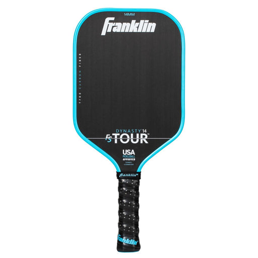Black pickleball paddle with blue rim and Franklin branding on a white background