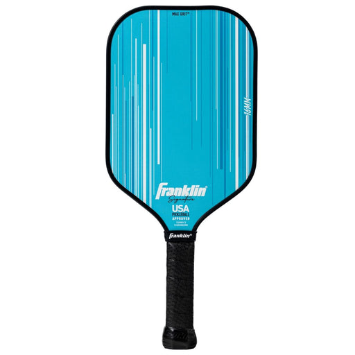 Blue pickleball paddle with black handle on a white background