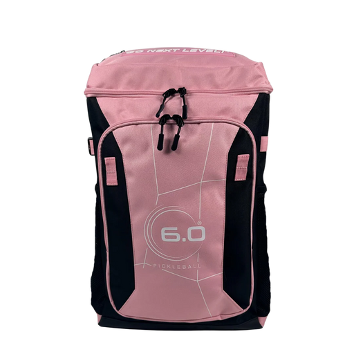 Pink and black sports bag with '6.0' branding on a white background