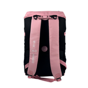 Pink and black backpack with visible branding on a white background