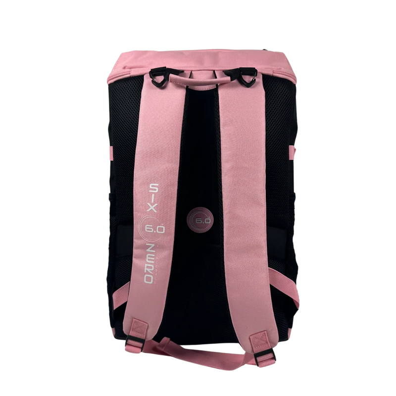 Pink and black backpack with visible branding on a white background