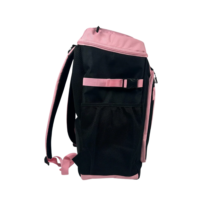Black and pink backpack on a white background