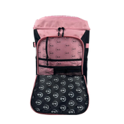 Pink and black backpack with a pattern on a white background