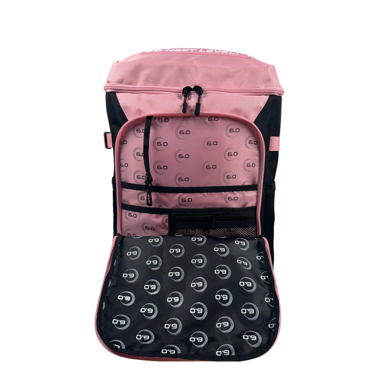Pink and black backpack with a pattern on a white background