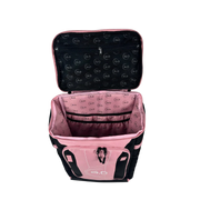 Pink and black backpack with open lid on a white background