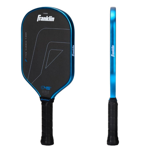 Black and blue pickleball paddle with Franklin branding on a white background