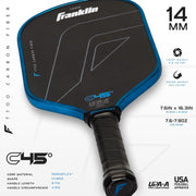 Franklin pickleball paddle with detailed specifications on a white background