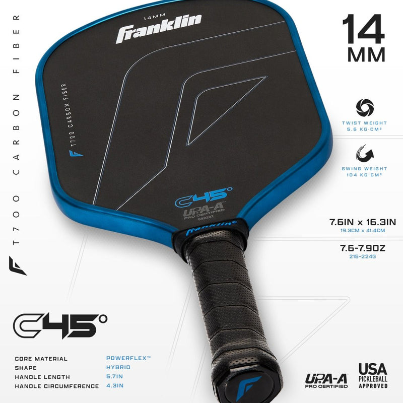 Franklin pickleball paddle with detailed specifications on a white background