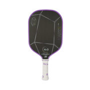 Pickleball paddle with black and purple design on a white background