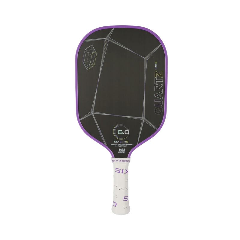 Pickleball paddle with black and purple design on a white background