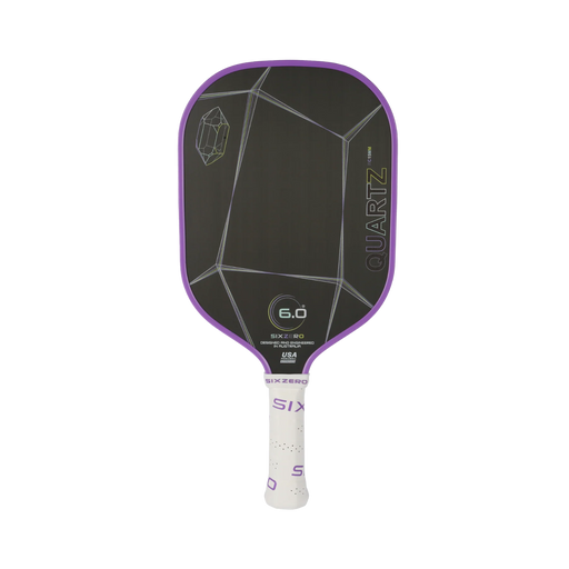 Pickleball paddle with black and purple design on a white background