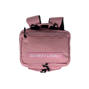 Pink backpack with 'GO NEXT LEVEL!' text on a white background