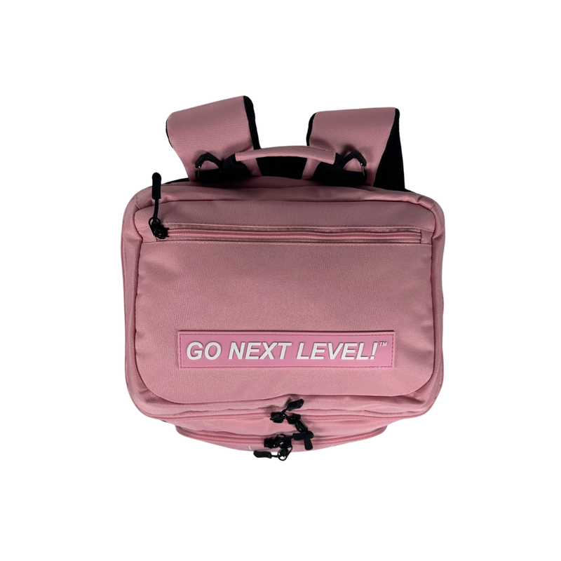 Pink backpack with 'GO NEXT LEVEL!' text on a white background