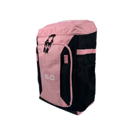 Pink and black backpack with '6.0' branding on a white background