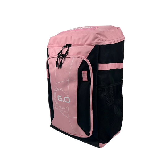Pink and black backpack with '6.0' branding on a white background