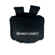 Black backpack with 'GO NEXT LEVEL!' text on a white background